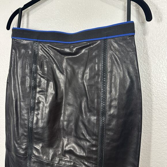 Miu Miu Black Leather Pencil Skirt 38 Blue Trim Italy Genuine Designer Midi Y2K - Picture 8 of 14